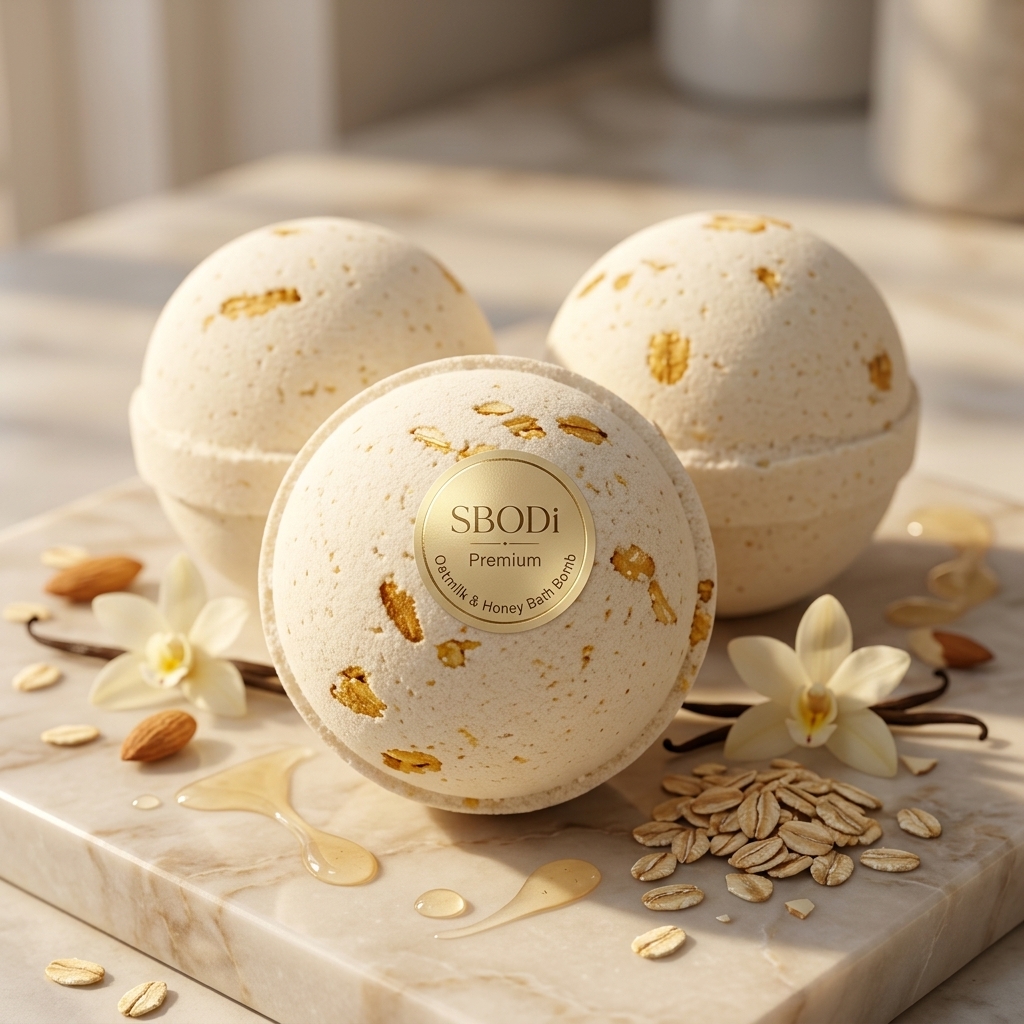 Oatmilk & Honey Premium Bath Bomb by SBODi on luxury spa background