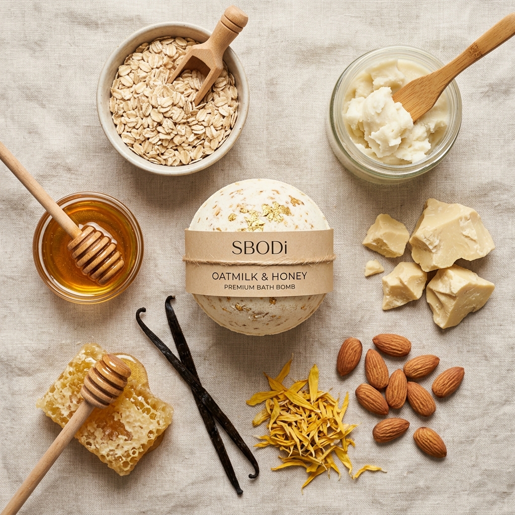 Natural ingredients of SBODi Oatmilk & Honey Premium Bath Bomb