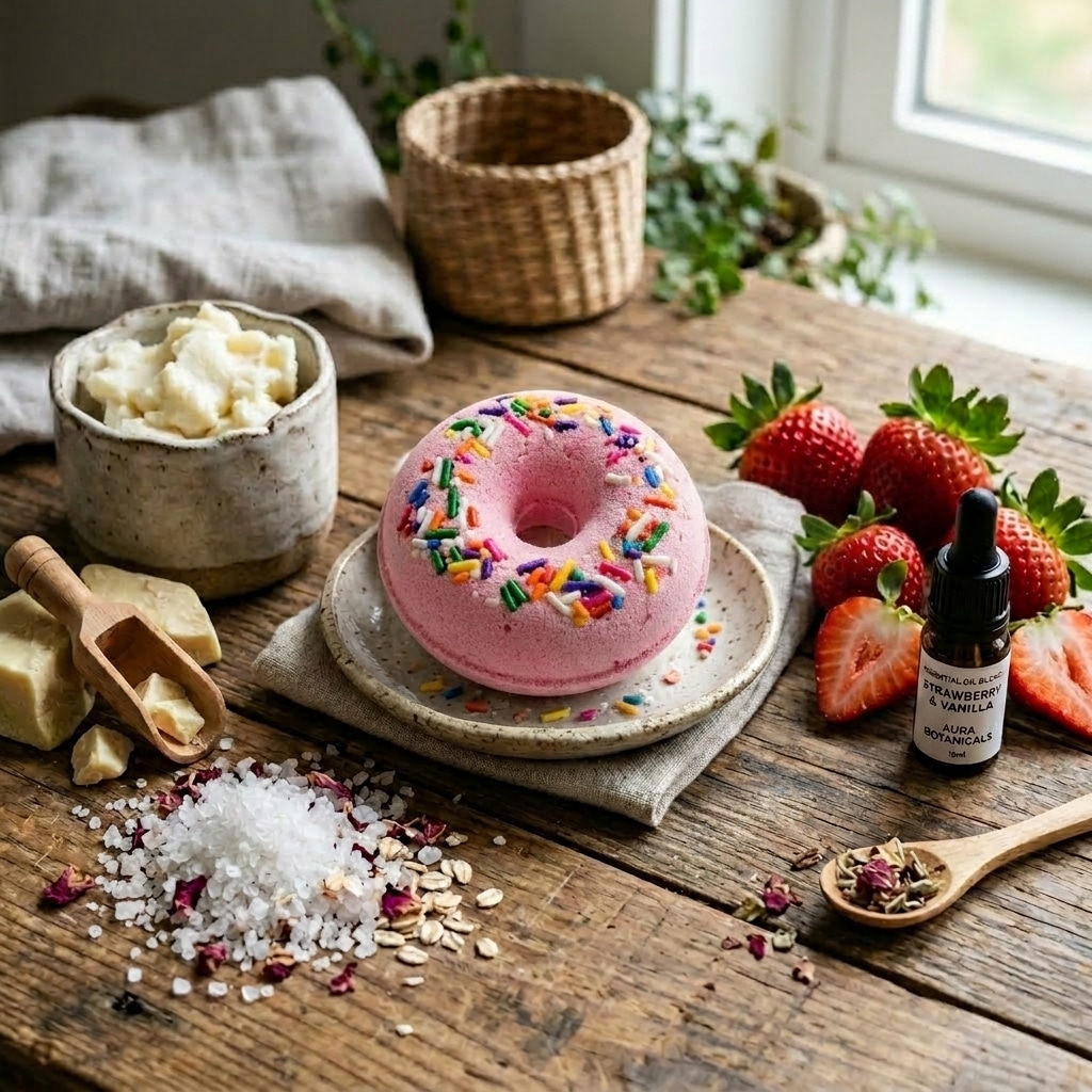 Strawberry shortcake donut bath bomb ingredients Sbodi vegan natural skincare