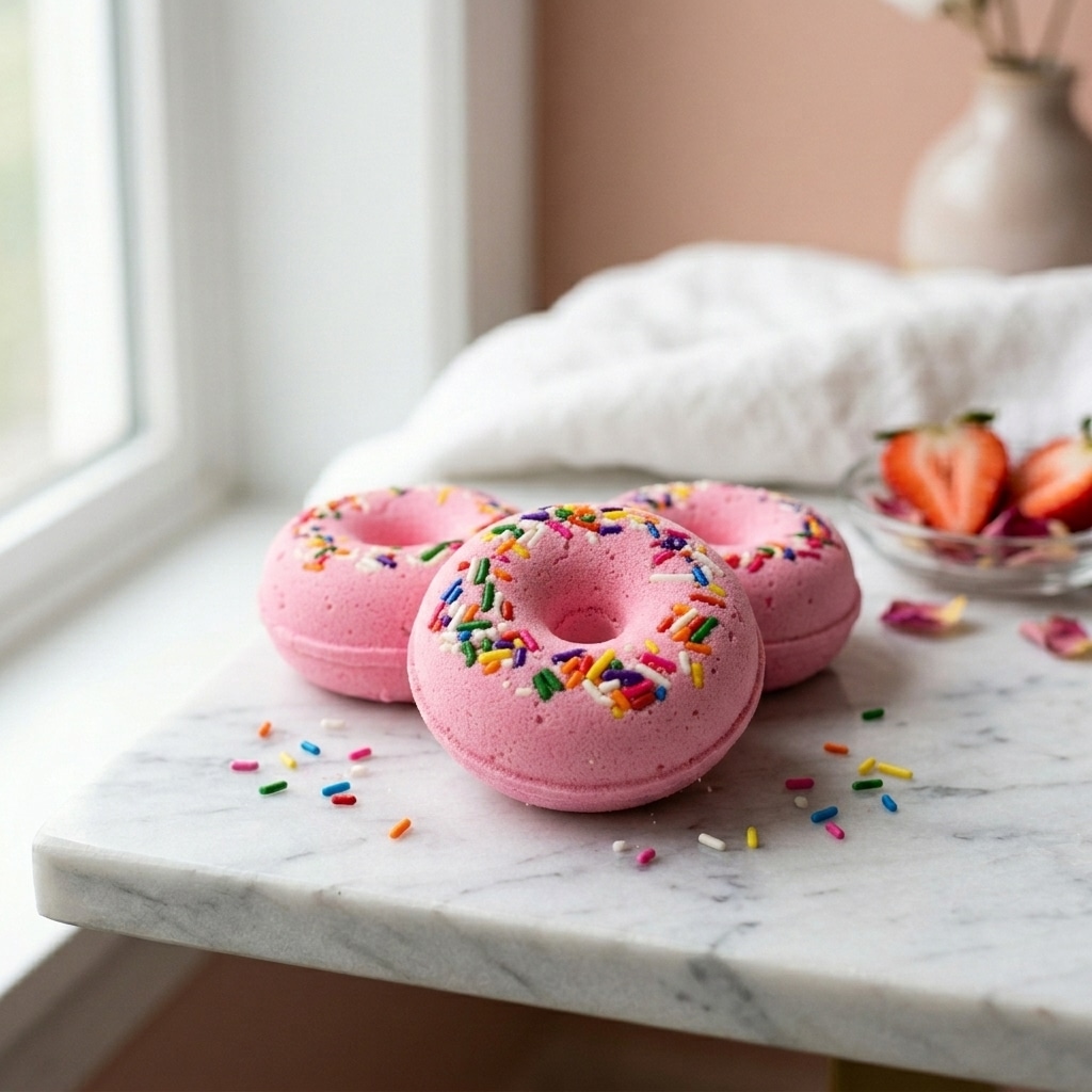 Sbodi Strawberry Short Cake Donut Bath Bomb Front View