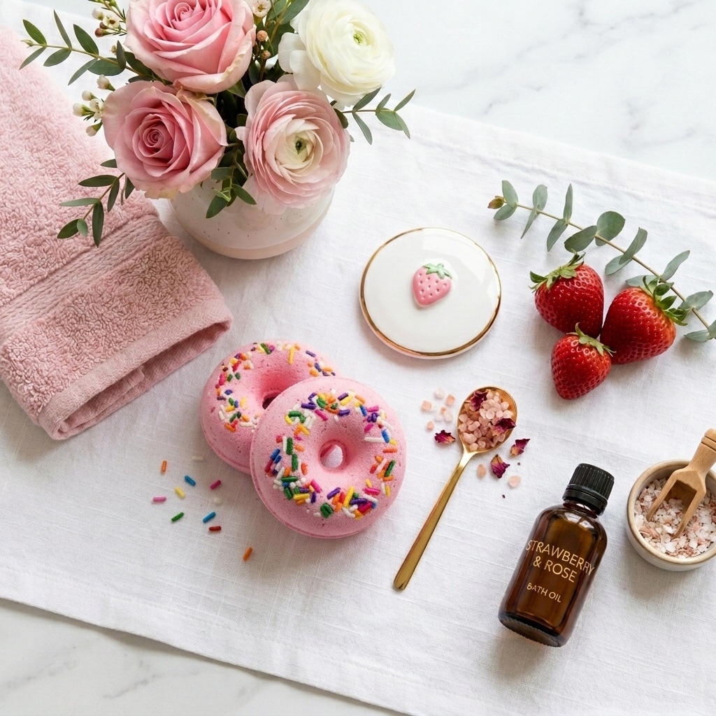 Top view strawberry shortcake donut bath bomb Sbodi vegan skincare