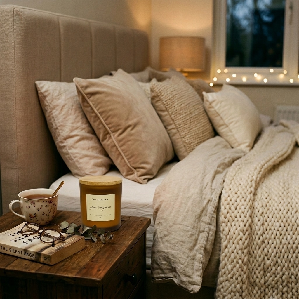 11oz Amber Glass Scented Candle creating relaxing bedroom ambiance