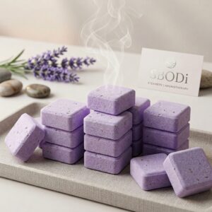 Lavender Bulk Shower Steamers by Sbodi arranged in a clean studio setup for relaxation and sleep support
