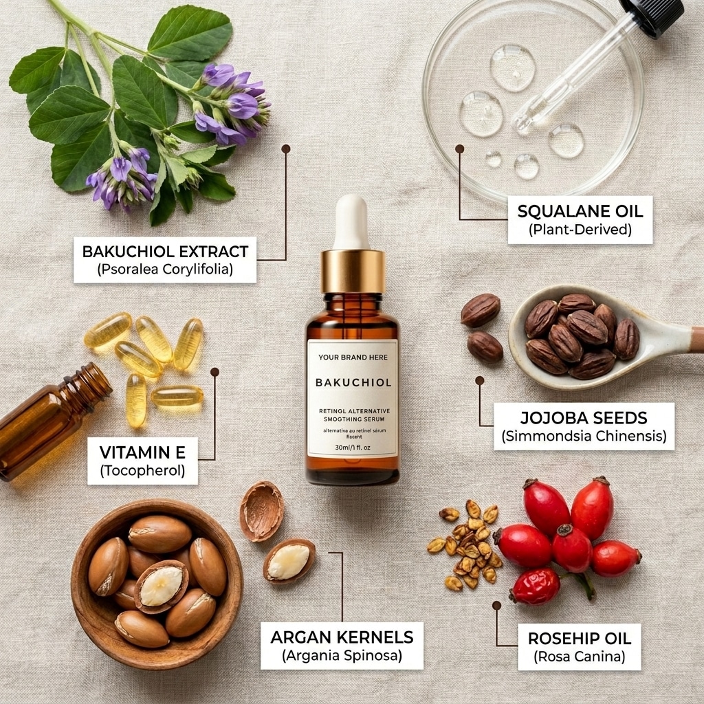 Sbodi Bakuchiol Vegan Retinol Serum Natural Ingredients Flat Lay