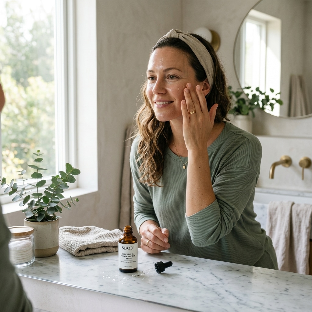 Woman Applying Sbodi Bakuchiol Vegan Retinol Serum Skincare Routine