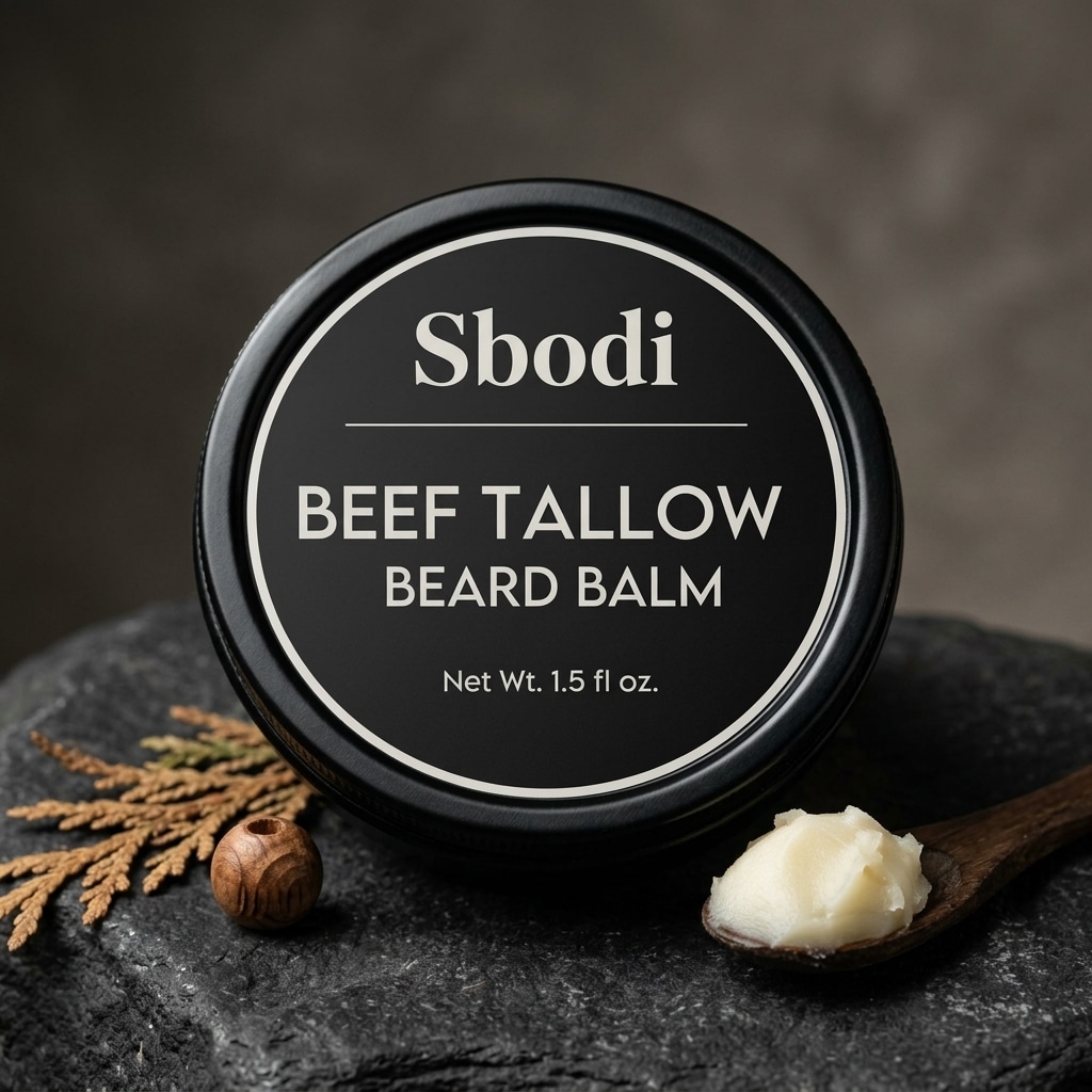 Sbodi Beef Tallow Beard Balm natural beard conditioning balm in luxury studio product shot