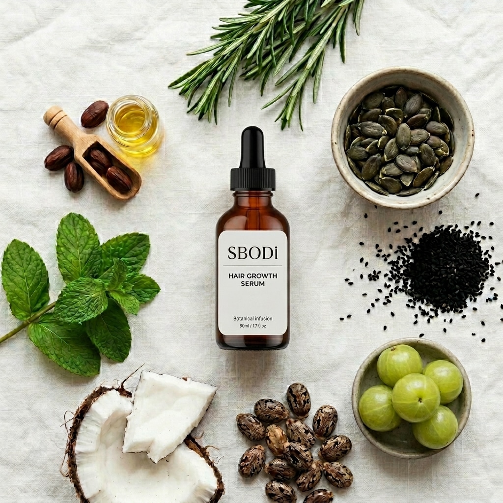 Sbodi Hair Growth Serum ingredients including rosemary, amla, castor oil, pumpkin seed oil, and black seed oil