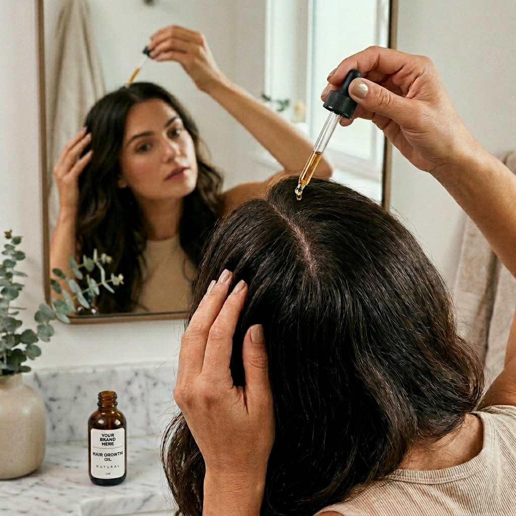Person applying Sbodi Hair Growth Serum on scalp for natural hair growth and hair fall control