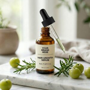 Sbodi Hair Growth Serum glass bottle with natural botanical ingredients for hair growth and scalp nourishment