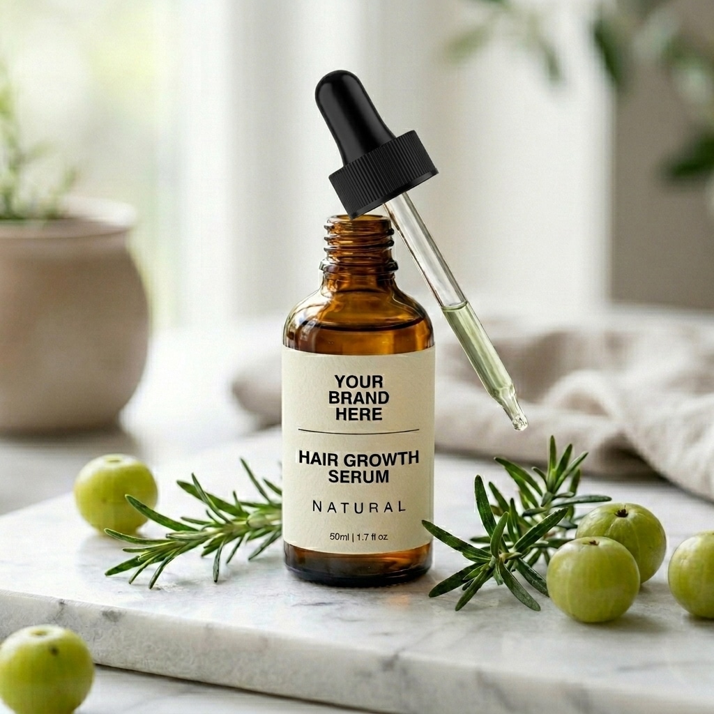 Sbodi Hair Growth Serum glass bottle with natural botanical ingredients for hair growth and scalp nourishment