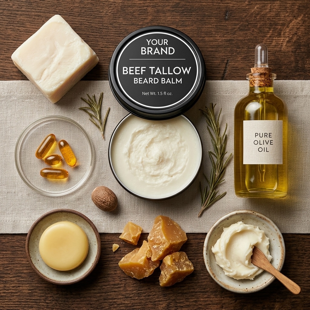 Beef tallow olive oil beeswax shea butter vitamin E ingredients for Sbodi beard balm