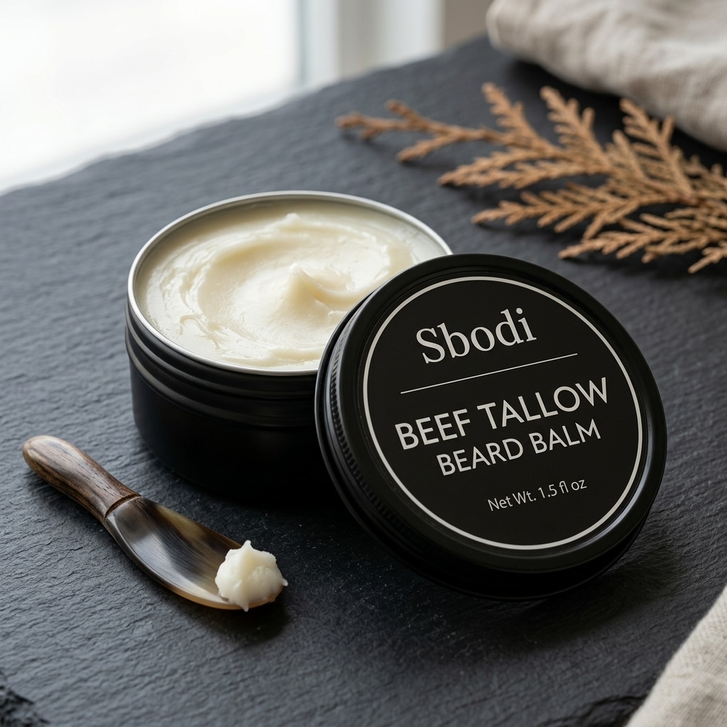 Man applying Sbodi Beef Tallow Beard Balm for natural beard grooming and styling