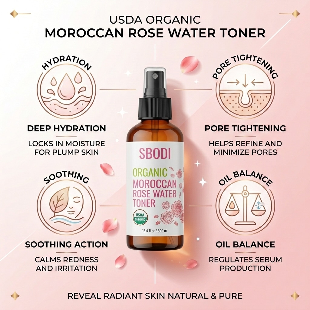 USDA Organic Moroccan Rose Water Toner Benefits Infographic Sbodi