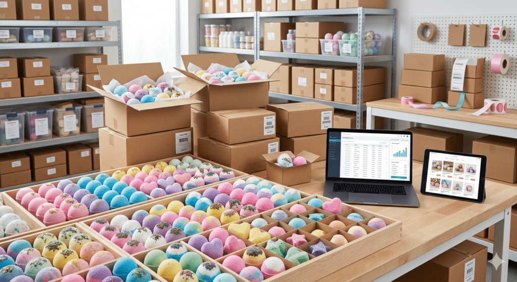 High-resolution retail scene showing bulk wholesale bath bombs in colorful pastel shades, arranged in wooden trays and shipping boxes next to an e-commerce dashboard on a laptop in a modern warehouse setting.