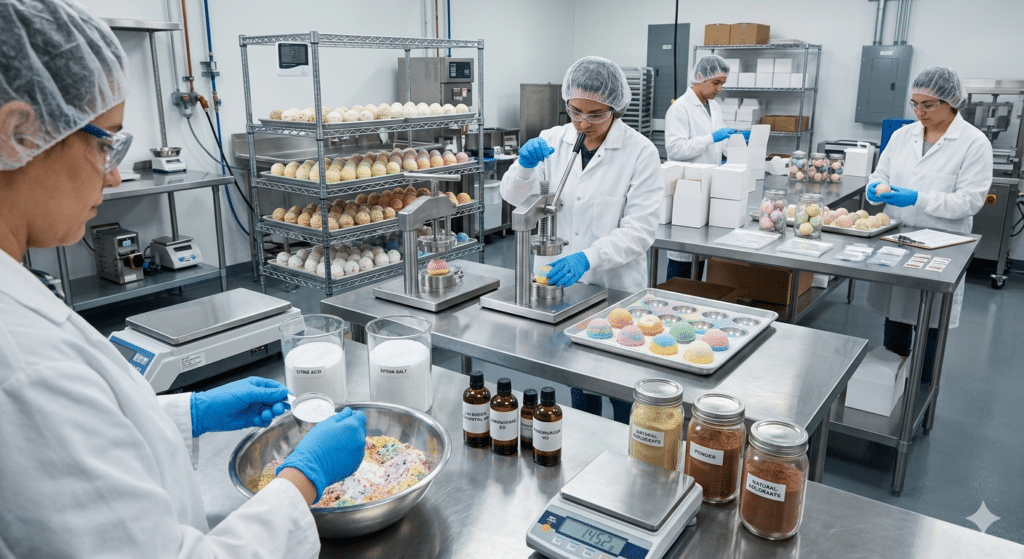 A private label cosmetic manufacturing facility. In the foreground a gloved worker is mixing ingredients in a stainless steel bowl with measuring scoops, a precision scale, and bottles. The background shows another worker using a machine to mold bath bombs, and a further worker in the quality control area. The setting is sterile, clean and orderly, with wire racking and professional stainless steel surfaces.