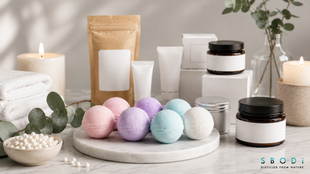 Wholesale Bath Bombs and Private Label Bath Bombs: A Complete Guide to Private Label Bath and Body Products 1 Private label bath bombs with blank cosmetic packaging and branding labels for customization - SBODi