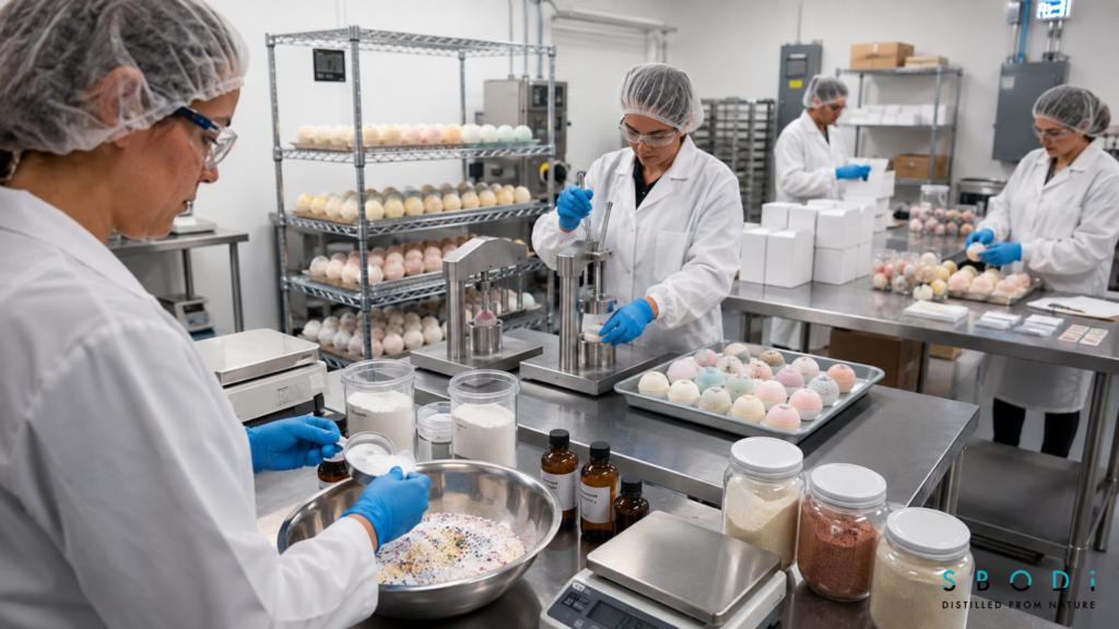 Wholesale Bath Bombs and Private Label Bath Bombs: A Complete Guide to Private Label Bath and Body Products 3 A private label cosmetic manufacturing facility. In the foreground a gloved worker is mixing ingredients in a stainless steel bowl with measuring scoops, a precision scale, and bottles. The background shows another worker using a machine to mold bath bombs, and a further worker in the quality control area. The setting is sterile, clean and orderly, with wire racking and professional stainless steel surfaces.