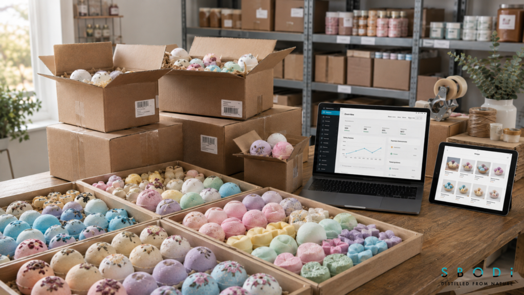 Wholesale Bath Bombs and Private Label Bath Bombs: A Complete Guide to Private Label Bath and Body Products 4 High-resolution retail scene showing bulk wholesale bath bombs in colorful pastel shades, arranged in wooden trays and shipping boxes next to an e-commerce dashboard on a laptop in a modern warehouse setting.