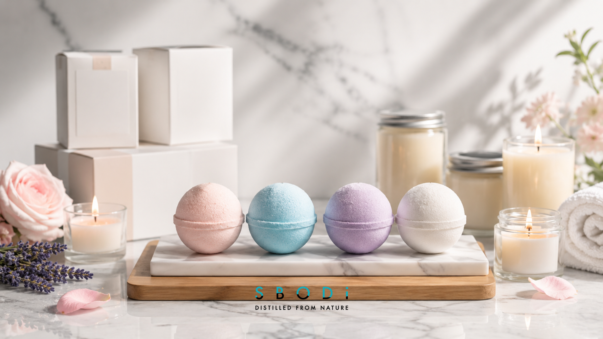 Wholesale bath bombs and private label bath and body products displayed in a modern spa setting with colorful bath bombs and packaging -Sbodi