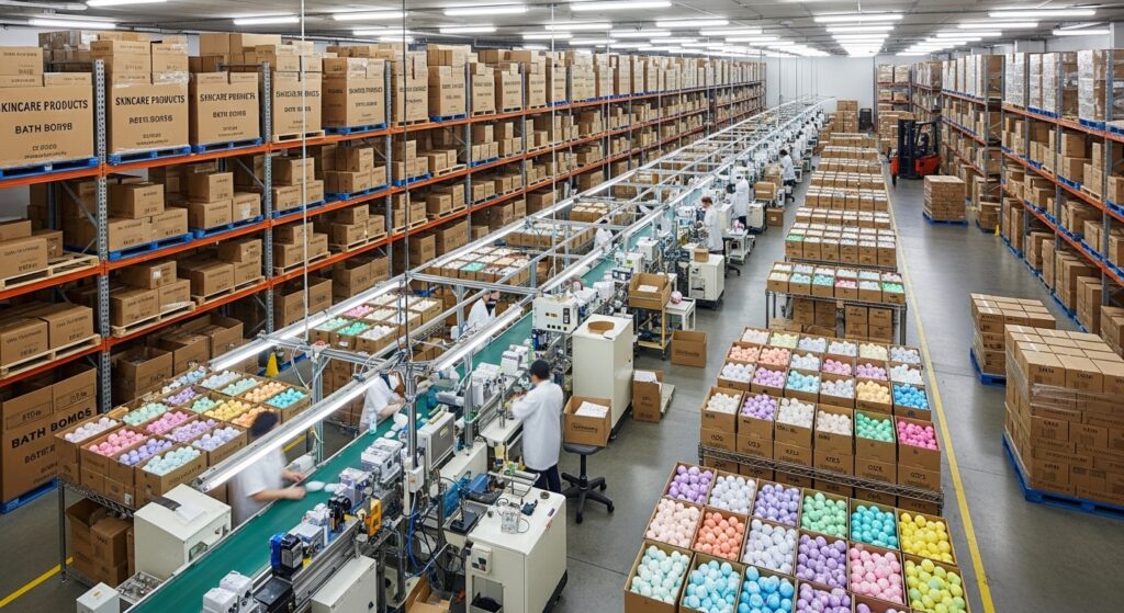 Minimum order quantities in private label, Warehouse showing bulk skincare product inventory and MOQ concept - SBODi