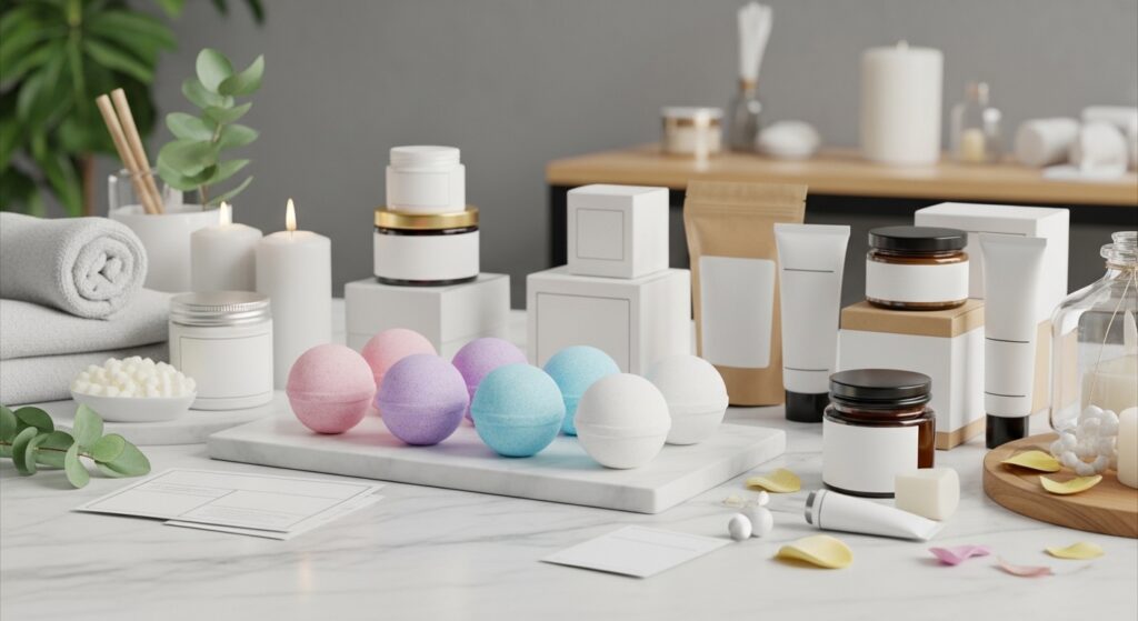 Private label bath bombs with blank cosmetic packaging and branding labels for customization - SBODi