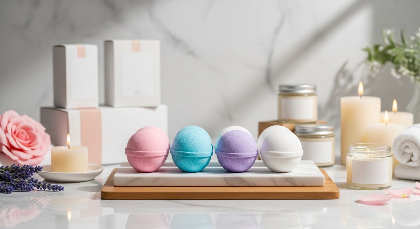Wholesale bath bombs and private label bath and body products displayed in a modern spa setting with colorful bath bombs and packaging -Sbodi
