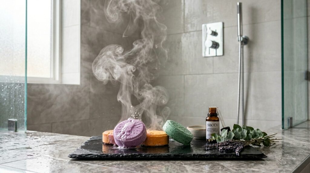 Private label shower steamers used in a modern shower