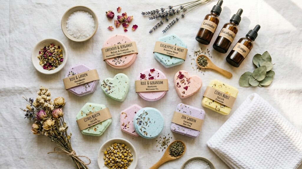 Handmade private label shower steamers with aromatherapy oils