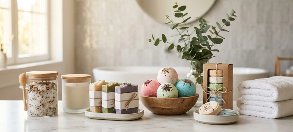 How to Start Selling Private Label Shower Steamers Under Your Own Brand 10 Private label shower steamers and bath products arranged for brand growth