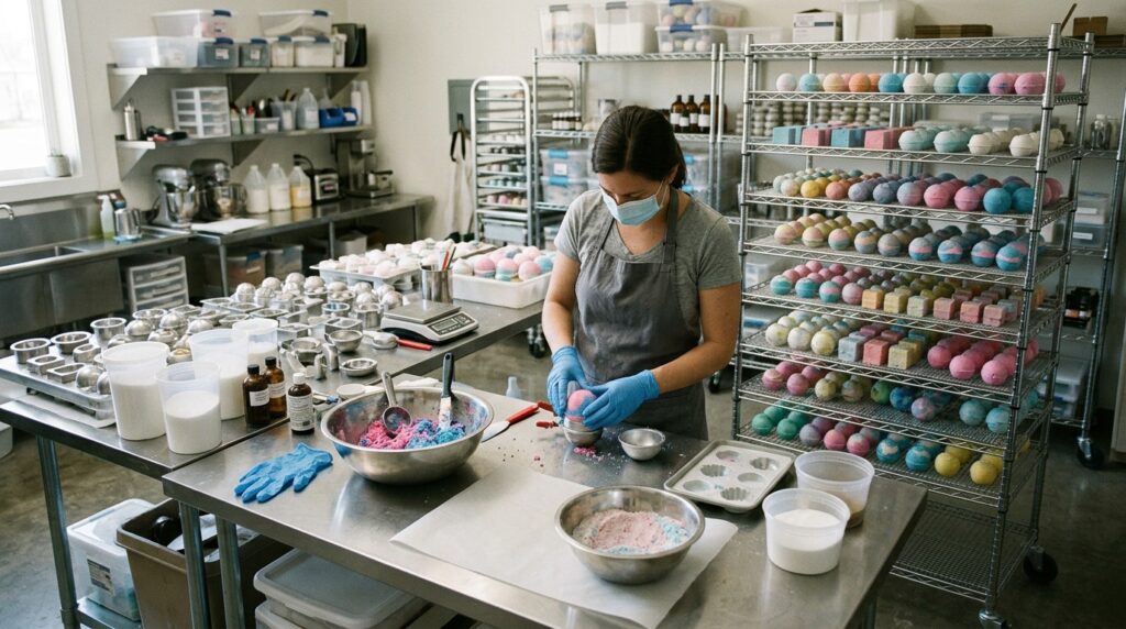 Wholesale Bath Bombs USA, Complete Buying Guide for Retailers and Private Label Brands 5
Bath bomb manufacturer production workspace