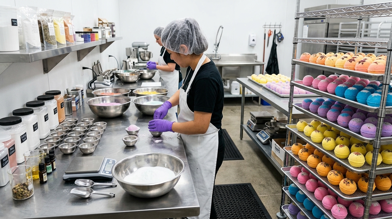 Realistic manufacturing workspace with bath bomb ingredients, stainless steel bowls, molds, gloves, measuring tools, and finished bath bombs drying on trays, clean organized production setting, professional commercial photography, no text