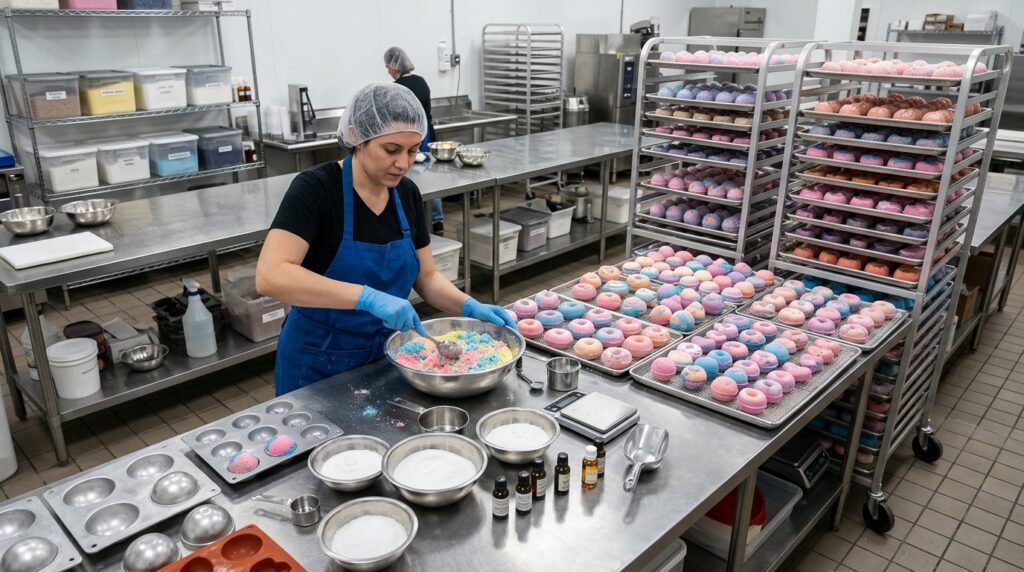 How to Find the Best Bath Bomb Manufacturer for Your Brand 1 bath bomb manufacturer production workspace with bath bomb ingredients