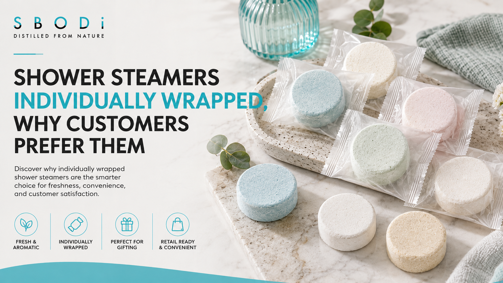 shower steamers individually wrapped on a spa bathroom counter