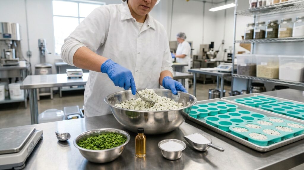 Peppermint Shower Steamers for Morning Energy and Focus 5 Manufacturing peppermint shower steamers in a clean workspace