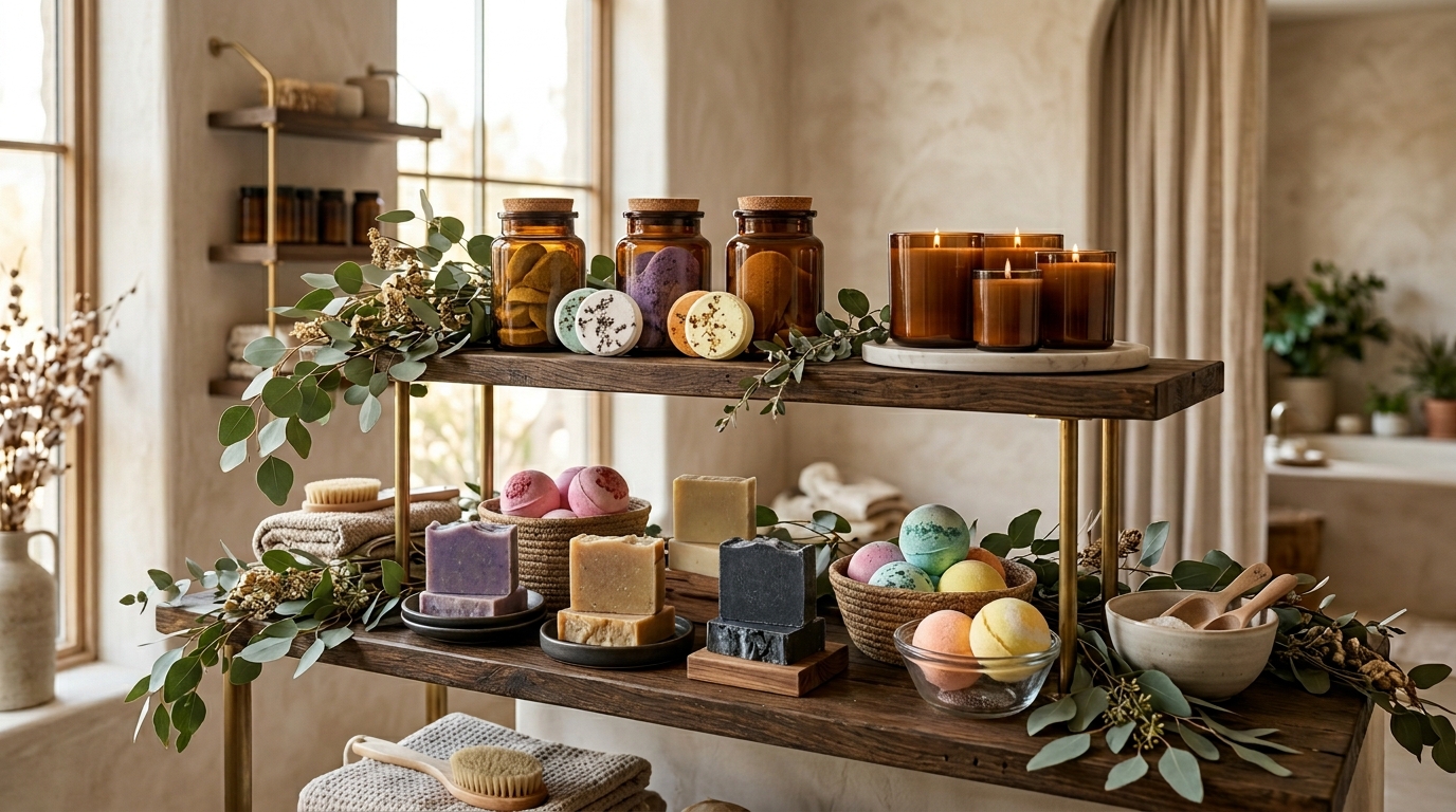 Private label shower steamers displayed in a luxury boutique wellness store