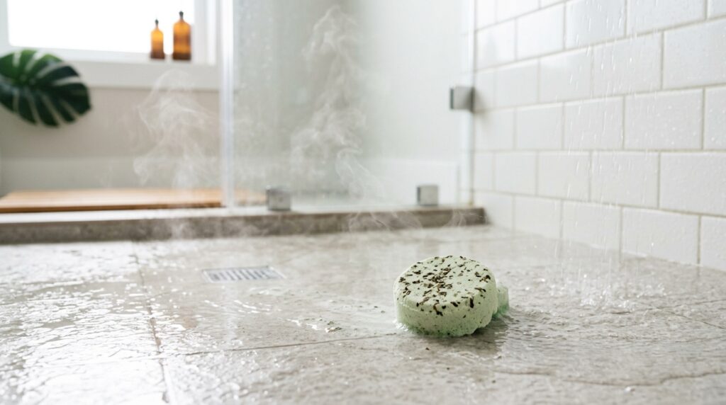 Peppermint Shower Steamers for Morning Energy and Focus 2 Peppermint shower steamer activating with shower steam