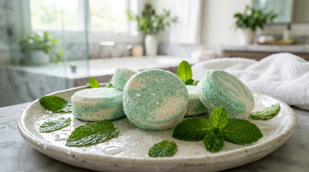 Peppermint Shower Steamers for Morning Energy and Focus 1 Peppermint shower steamers tablets with fresh mint leaves