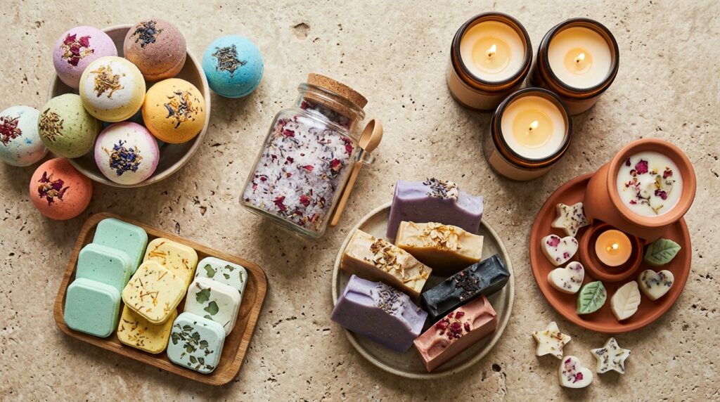 bath bomb companies with bath bombs shower steamers soaps candles and bath salts