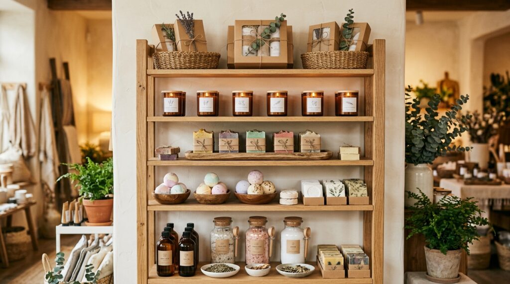 Why Businesses Choose Wholesale Shower Steamers USA Suppliers 7 Wholesale shower steamers displayed with bath bombs candles soaps and bath salts in retail collection