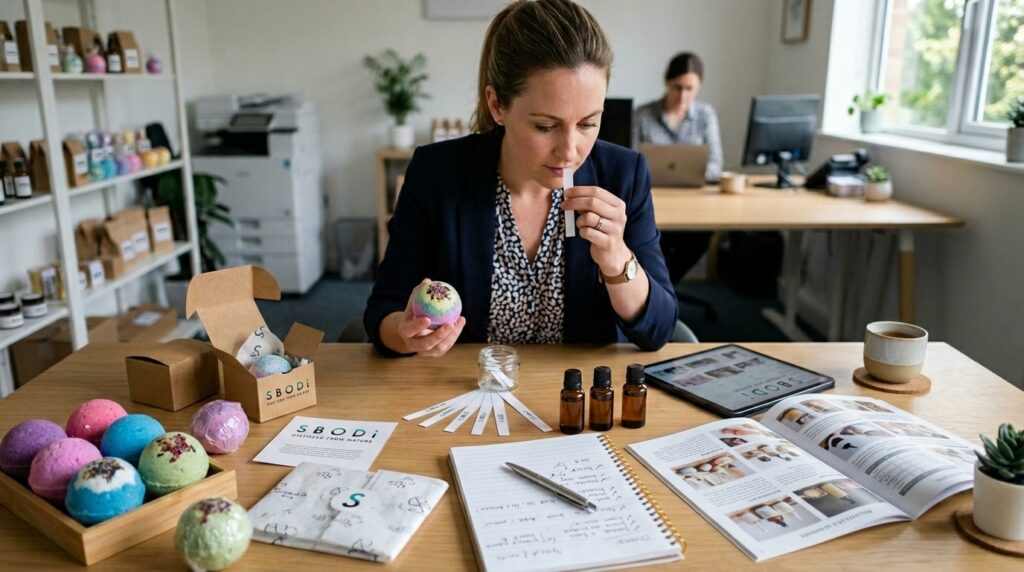 Wholesale Bath Bombs USA, Complete Buying Guide for Retailers and Private Label Brands 6 Retail buyer reviewing wholesale bath bomb samples
