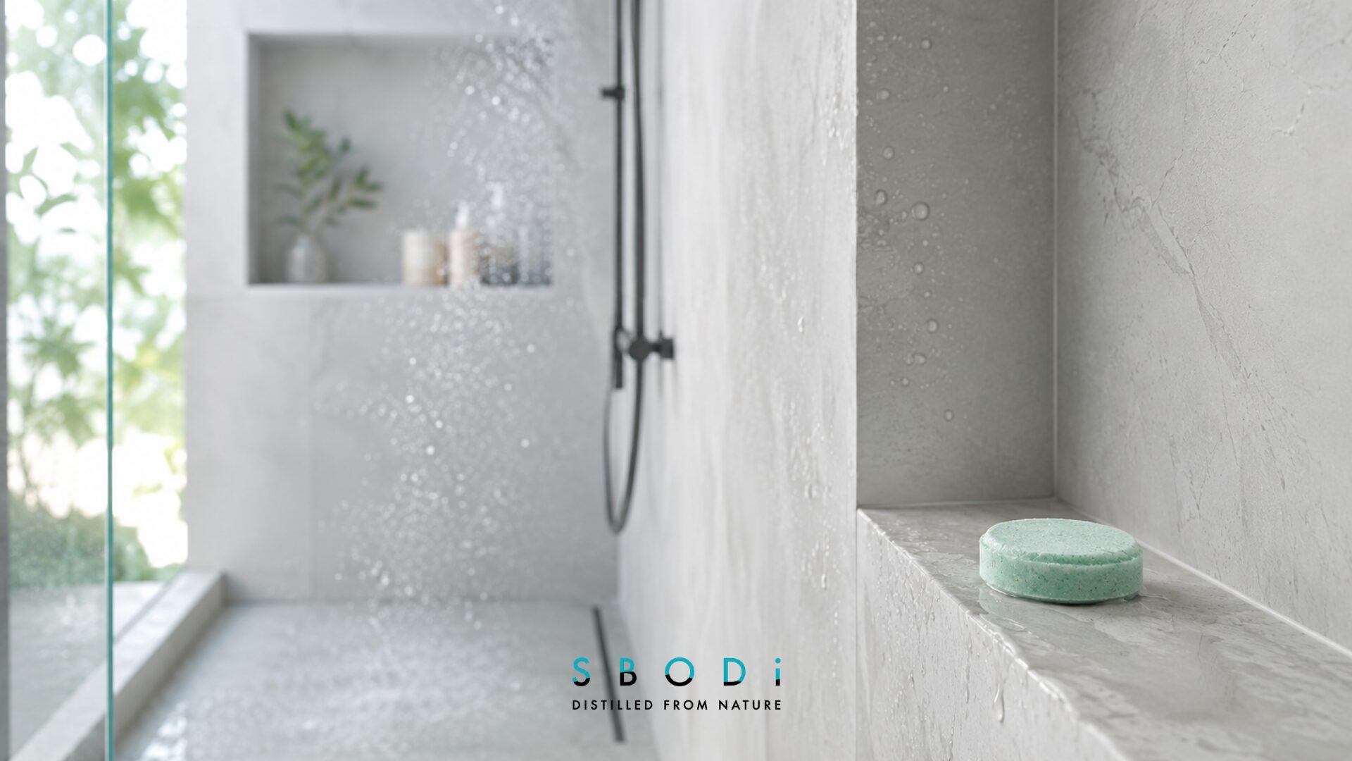 Peppermint shower steamer placed on a shower ledge near splashing water