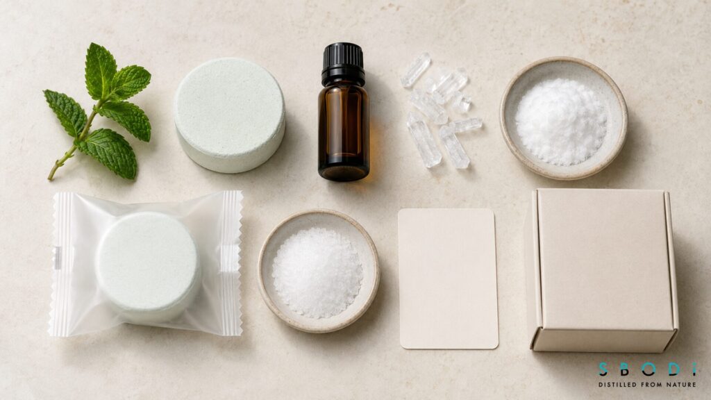 Peppermint Shower Steamers: Uses and Buying Guide 2 Peppermint shower steamer with representative ingredients and moisture-resistant packaging