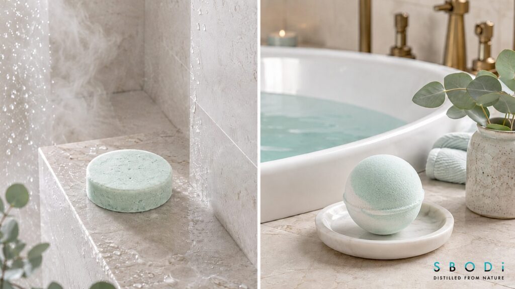 Peppermint Shower Steamers: Uses and Buying Guide 1 Peppermint shower steamer compared with a bath bomb in separate shower and bath settings