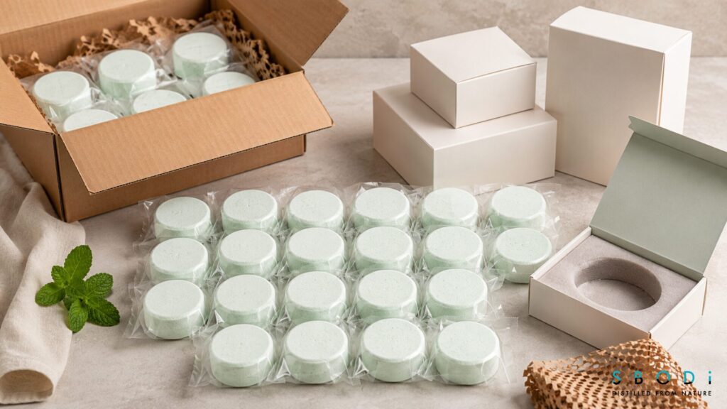 Peppermint Shower Steamers: Uses and Buying Guide 3 Individually wrapped peppermint shower steamers arranged for wholesale packaging