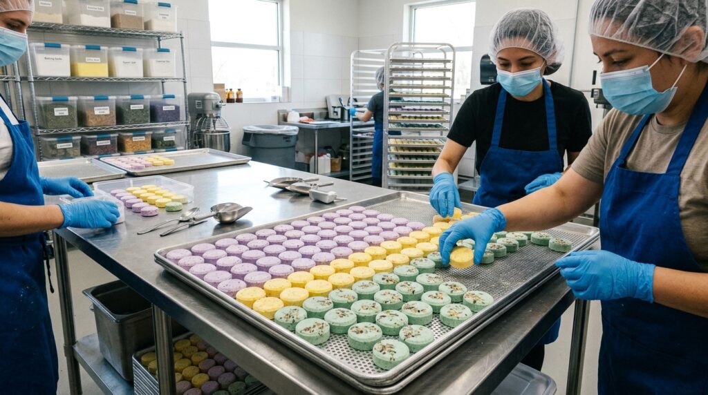 How to Start Selling Private Label Shower Steamers Under Your Own Brand 5 Shower steamers manufacturing process in a clean production room