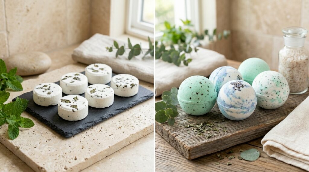 Peppermint Shower Steamers for Morning Energy and Focus 4 Peppermint shower steamers compared with bath bombs