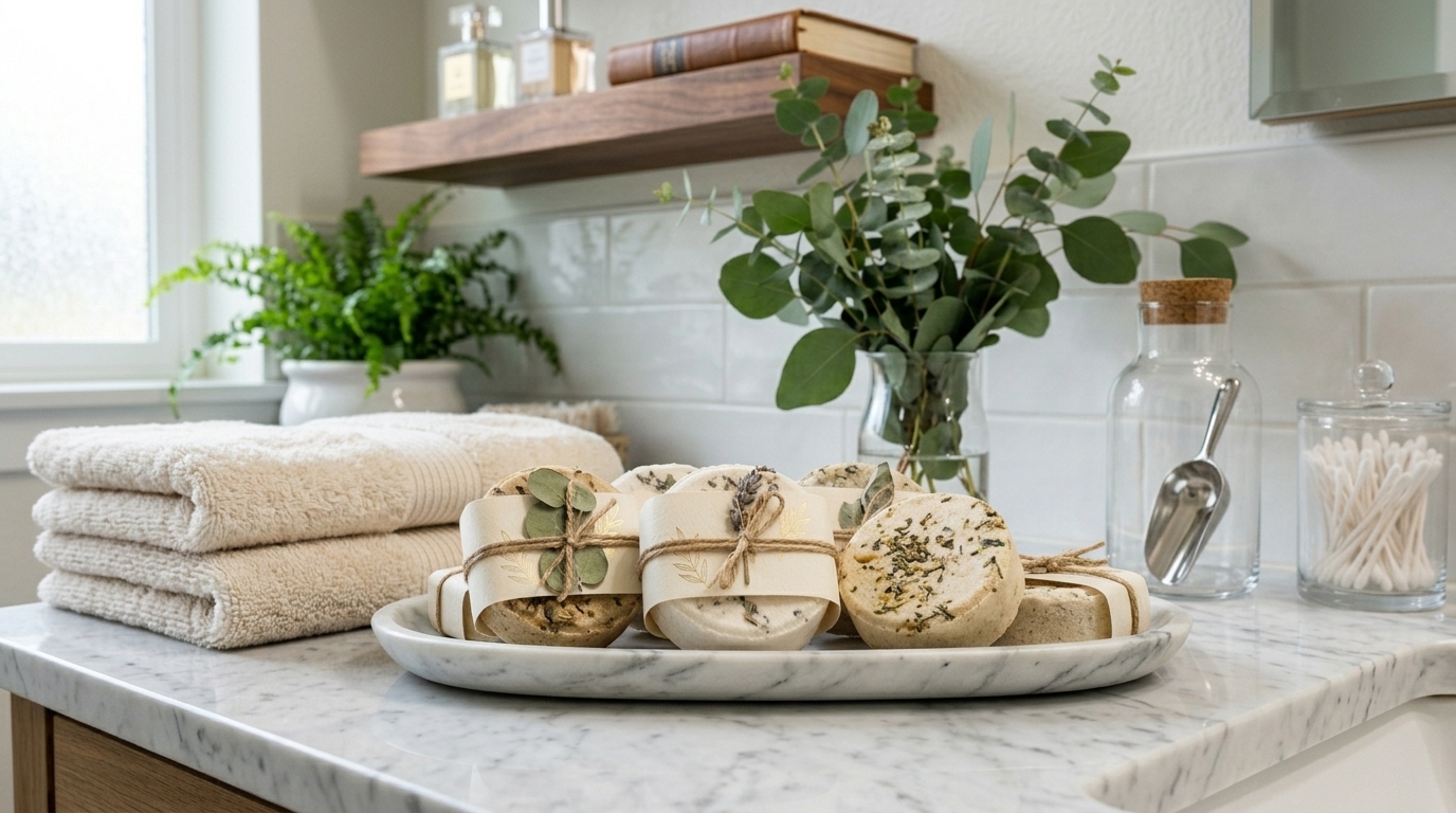 Private label shower steamers displayed for a bath and body brand