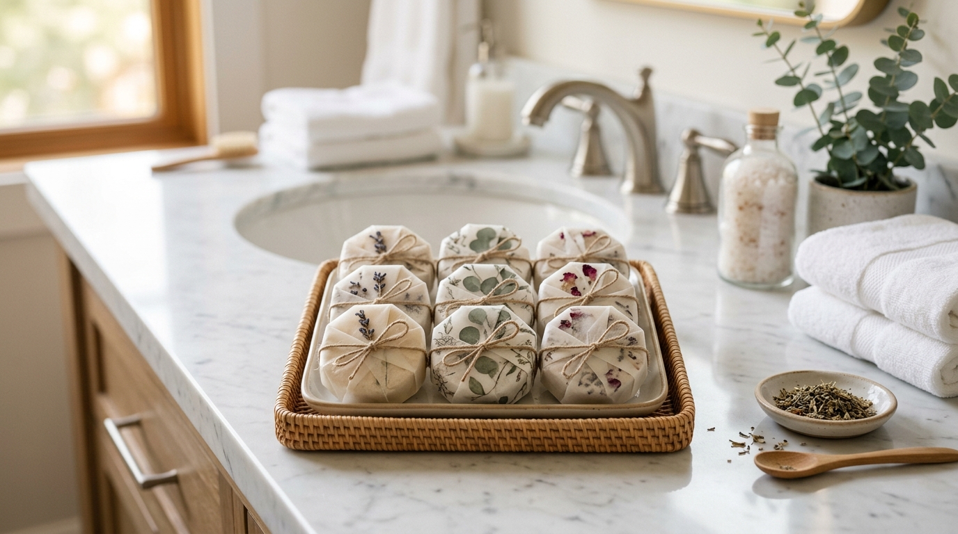 shower steamers individually wrapped on a spa bathroom counter