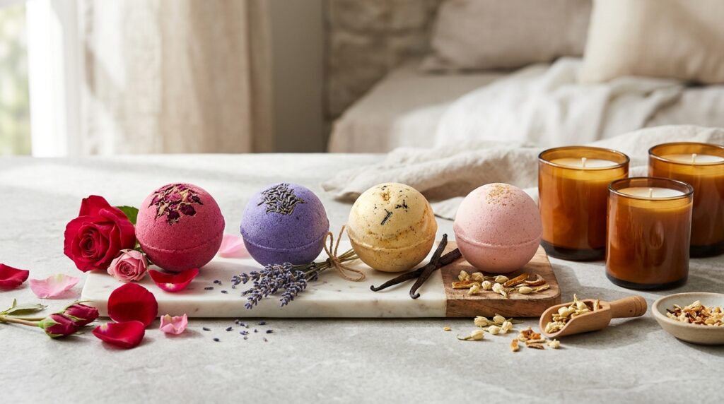 Romantic Bath Bombs for Couples and Gift Boxes: A Complete Product Planning Guide 3 Romantic bath bombs with rose lavender vanilla and amber fragrance elements