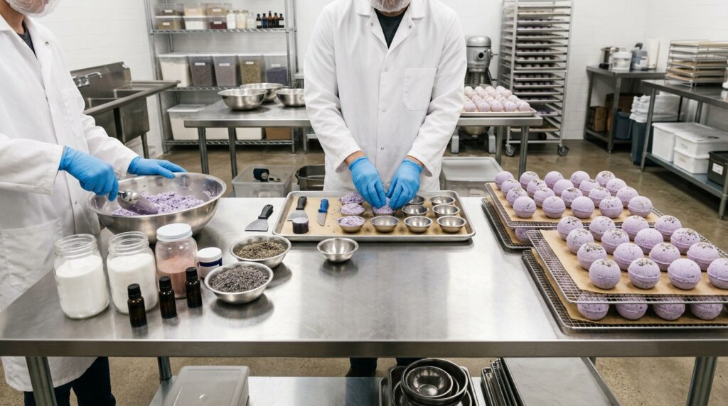 Romantic Bath Bombs for Couples and Gift Boxes: A Complete Product Planning Guide 7 Bath bomb manufacturing workspace for romantic bath bomb production